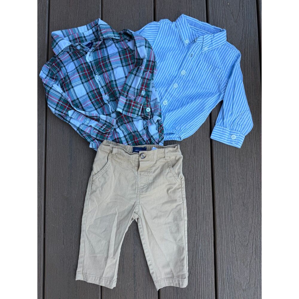 Baby Boy 3 Piece Clothing Bundle 9-12M Andy & Evan Plaid Shirts Khaki Pants